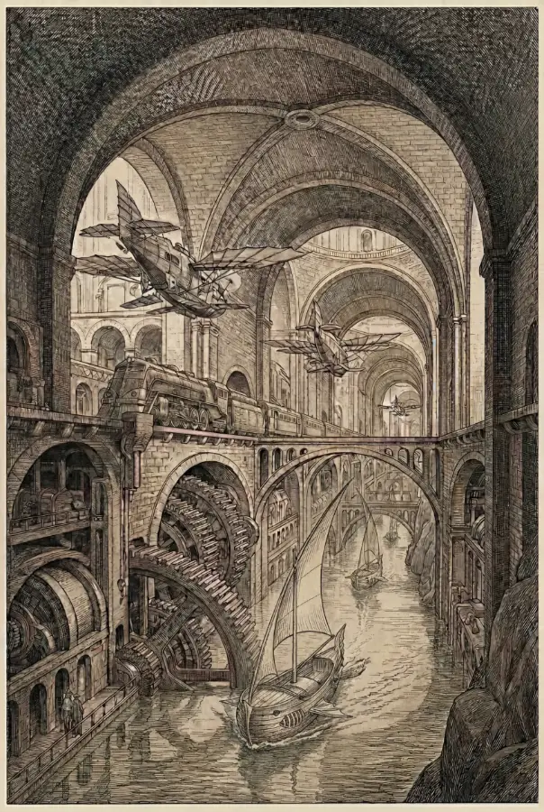 Gravure cité souterraine steampunk encre sépia