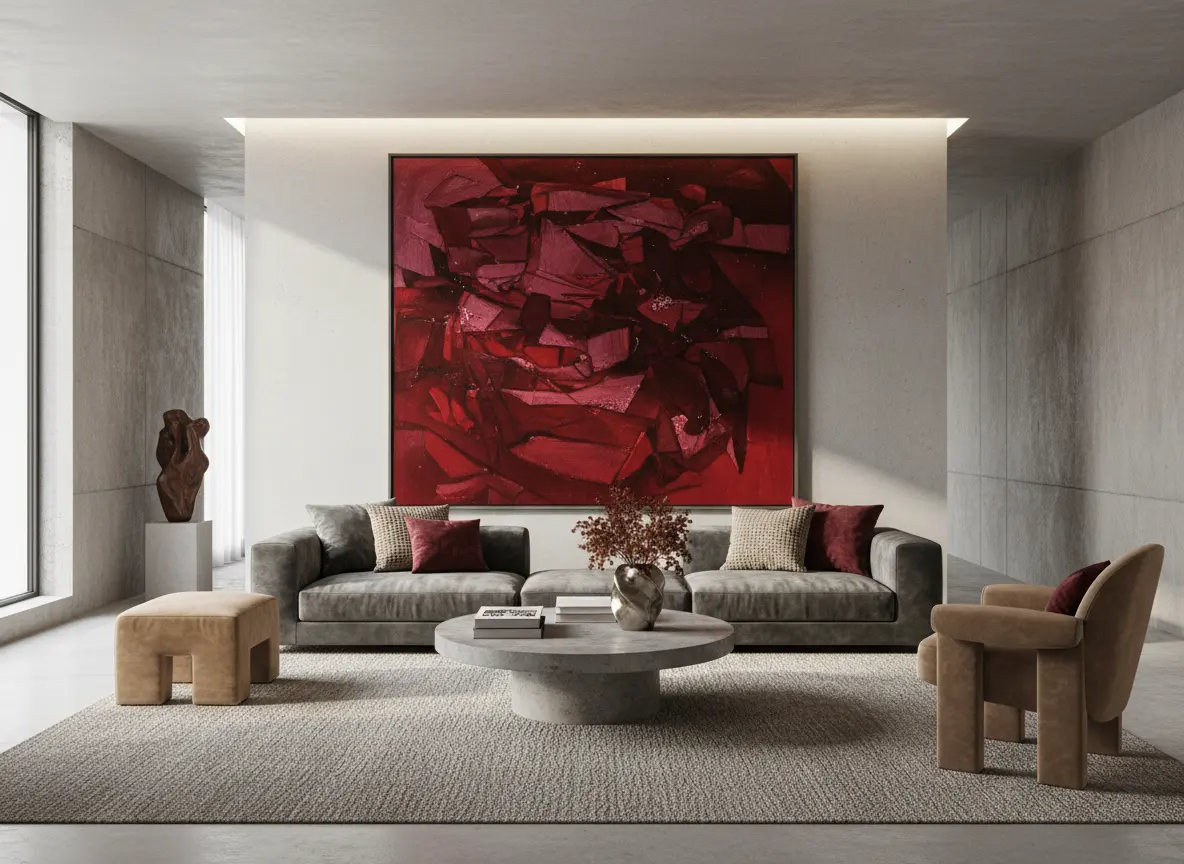 Salon contemporain clair animé par une grande peinture abstraite rouge dominant une palette neutre.