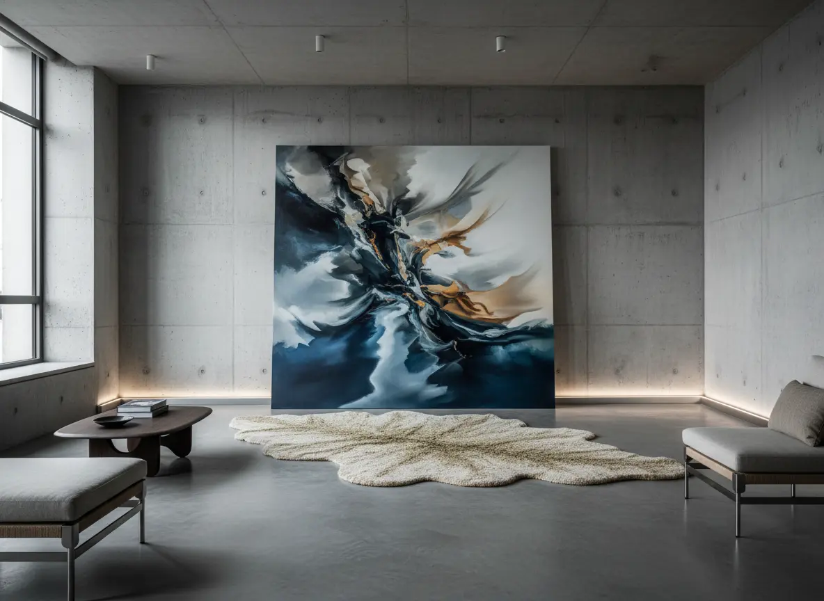 Loft en béton brut où une toile abstraite posée au sol dialogue avec un tapis organique.