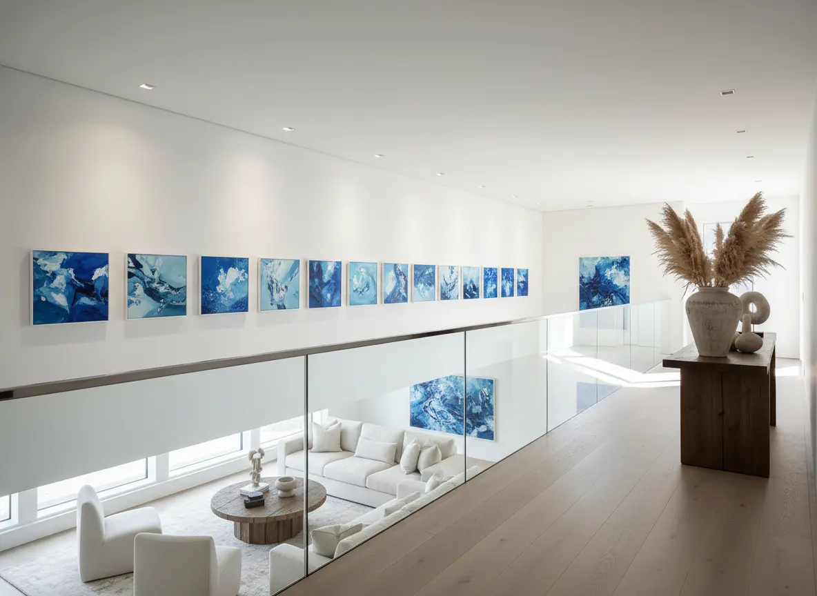 Mezzanine lumineuse structurée par une série de petites peintures abstraites bleues alignées.