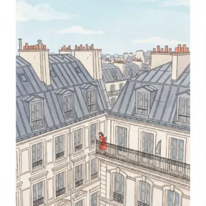 Lectrice en robe rouge sur balcon parisien