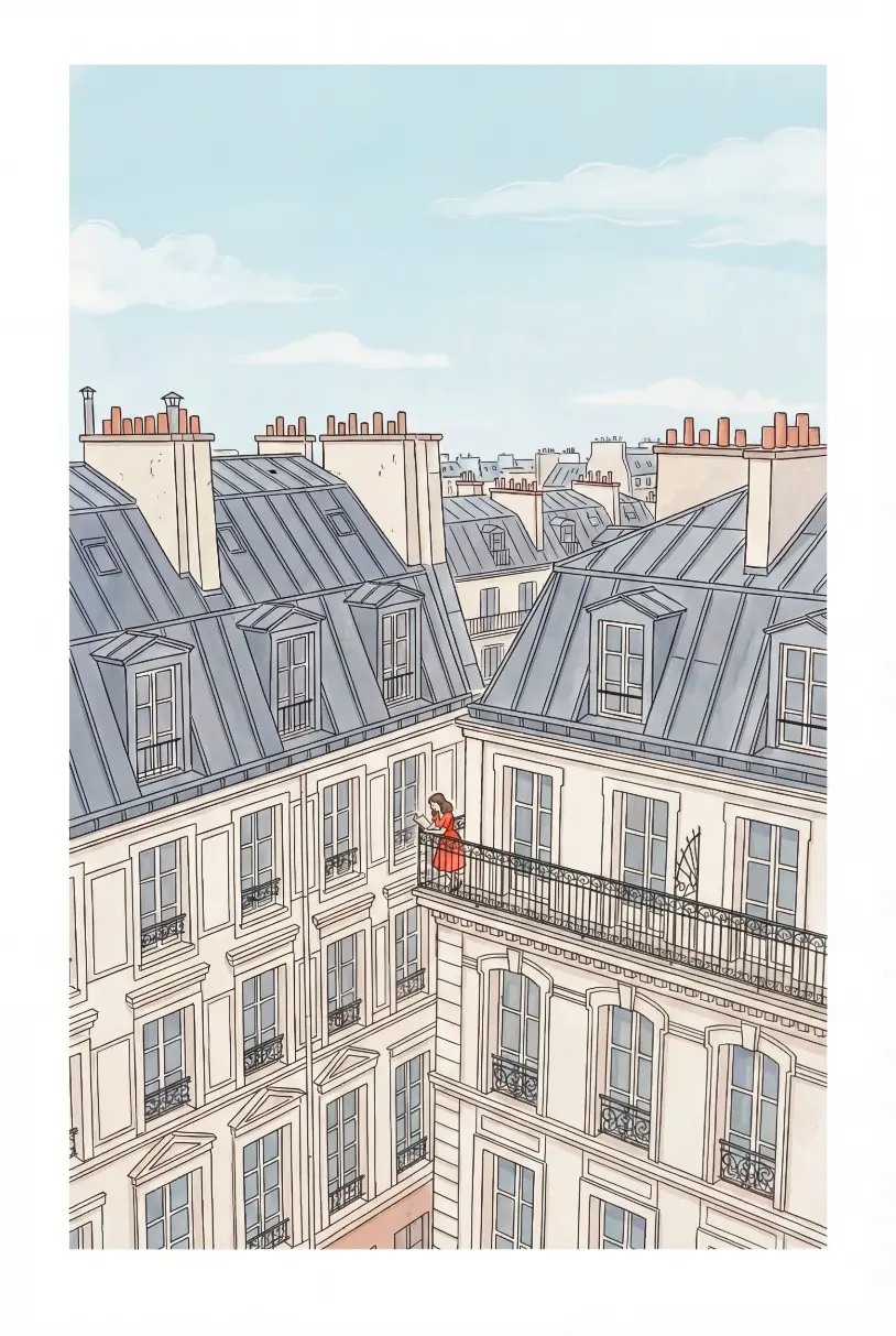 Lectrice en robe rouge sur balcon parisien
