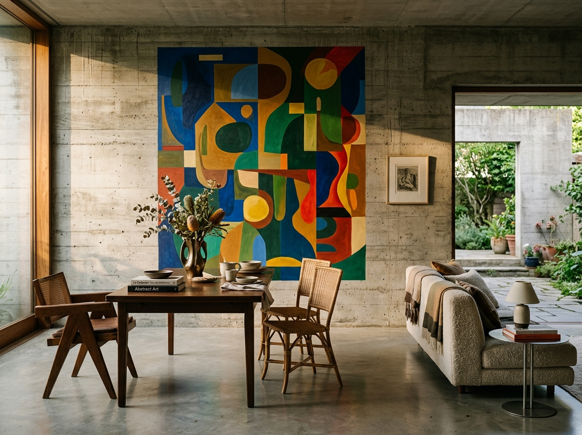 Mur de béton brut avec grande toile abstraite colorée dans un intérieur de loft.