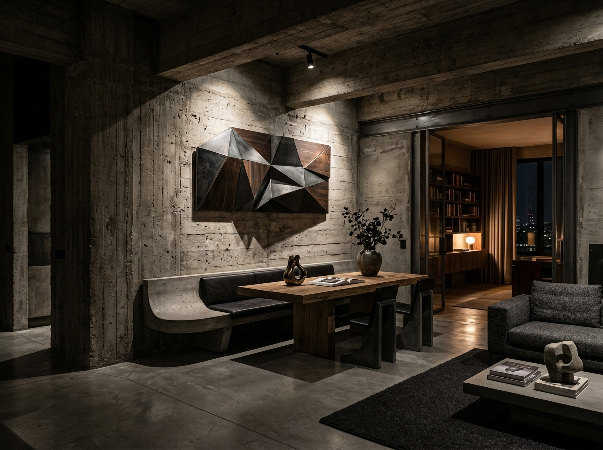 Loft brutaliste de nuit avec éclairage dramatique et mobilier sculptural intégré aux murs.
