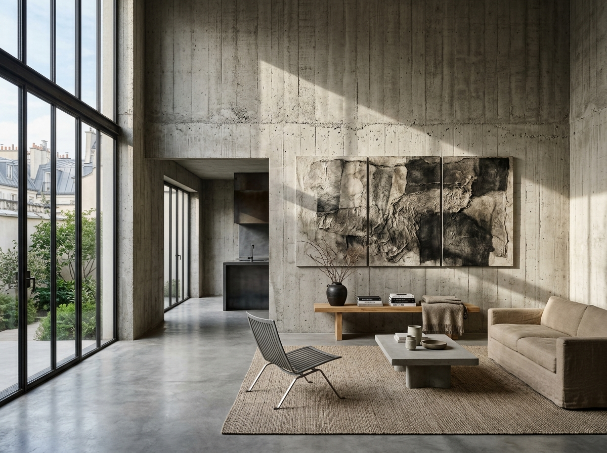 Art et IA : Néo-Brutalisme digital et esthétique du béton pour un loft