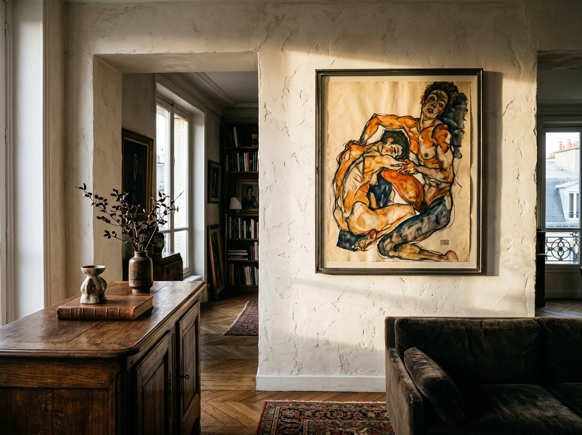 Mur de chambre avec œuvre expressionniste encadrée, éclairée latéralement, au-dessus d’un mobilier discret.