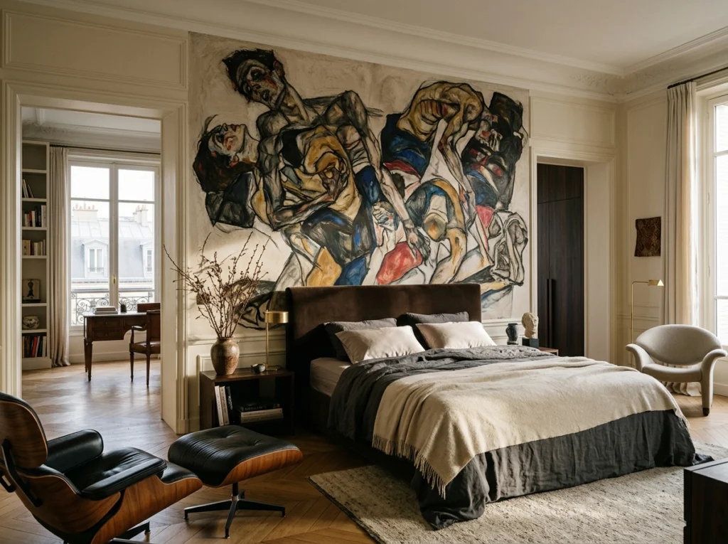 Chambre contemporaine avec grande œuvre murale inspirée d’Egon Schiele au-dessus du lit.