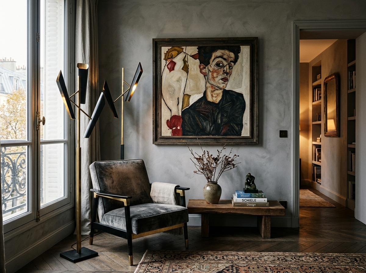 Coin de chambre design avec fauteuil, lampe sculpturale et œuvre inspirée de Schiele en arrière-plan.