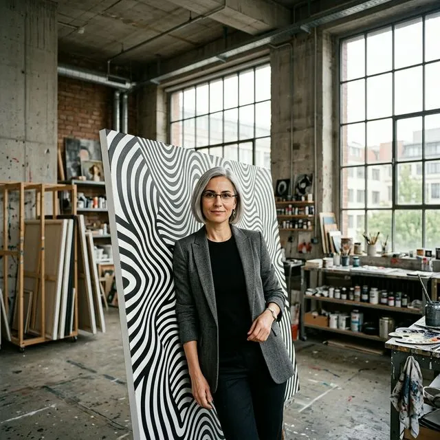Alestra Perce dans son atelier de Berlin devant une toile géométrique