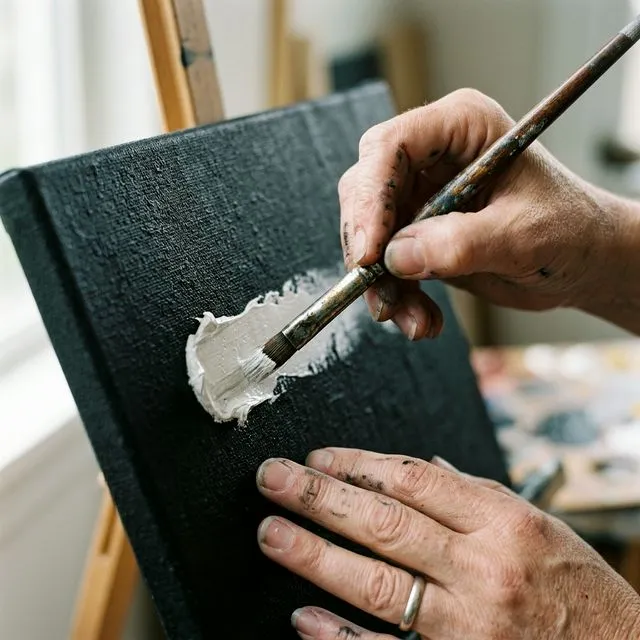 Gros plan des mains d'Alestra Perce appliquant de la peinture blanche sur une toile noire