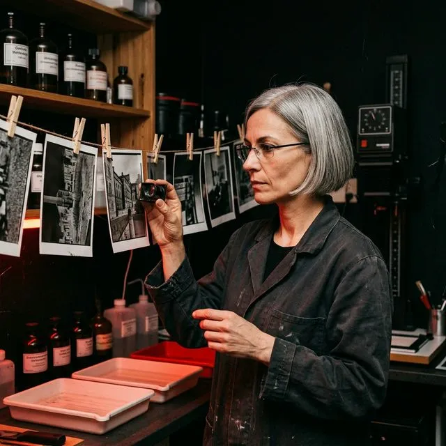 Alestra Perce examinant des négatifs dans son laboratoire de photographie