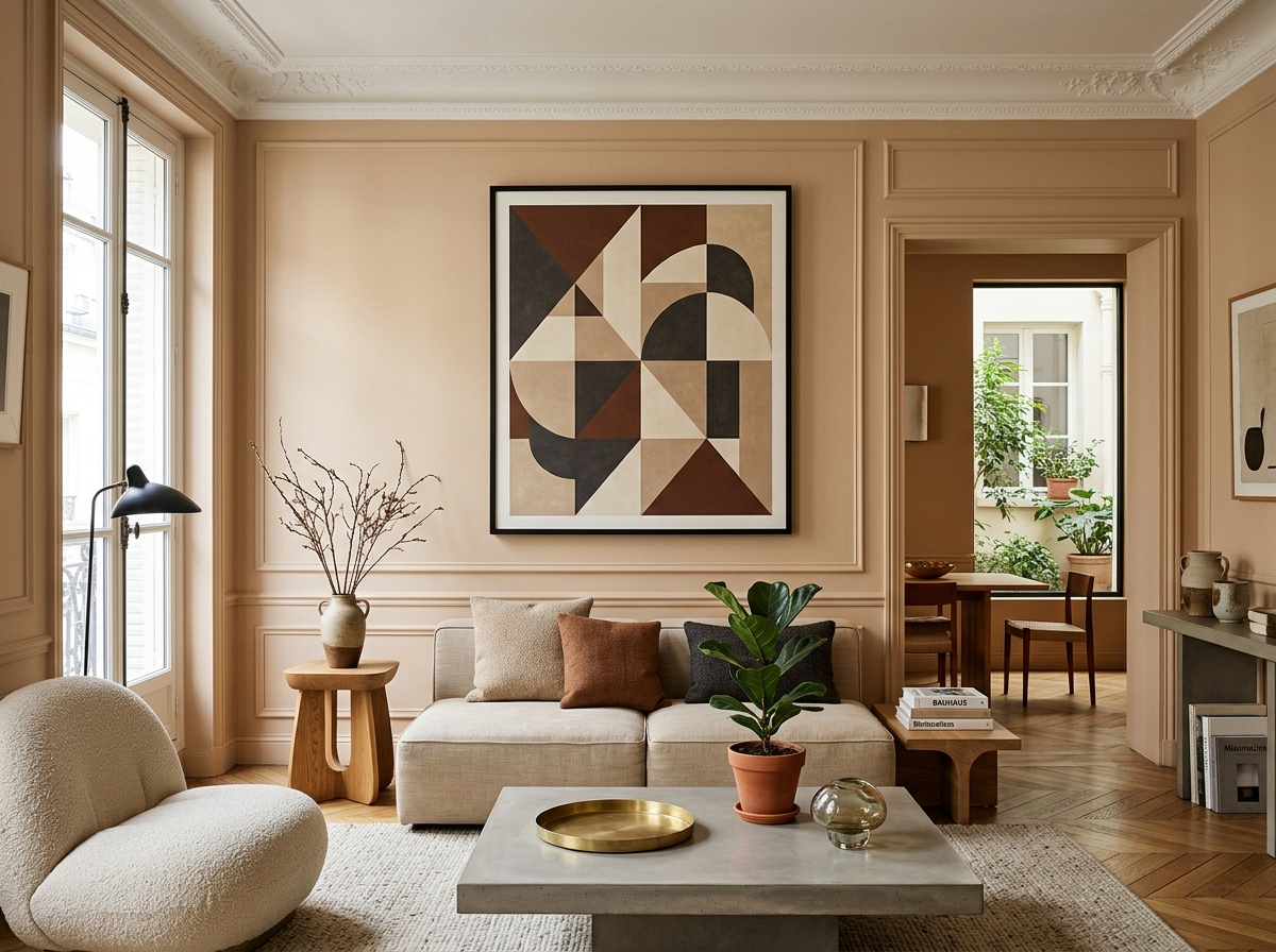 Salon sable rosé avec grande affiche géométrique brun cacao au-dessus du canapé minimaliste.
