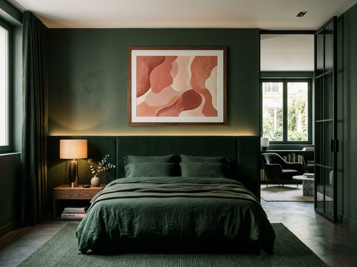 Chambre vert profond avec affiche abstraite rose terracotta encadrée au-dessus de la tête de lit.
