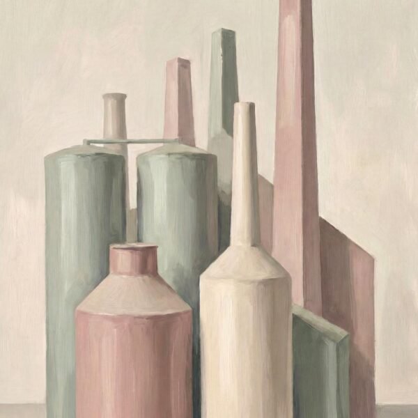 Imaginez un monde où le fracas des usines s'est dissipé, laissant place à une assemblée de géants d'acier transformés en poteries délicates. Sous une lumière de nacre, ces silhouettes architecturales conversent dans un calme absolu, offrant un refuge onirique à ceux qui cherchent la beauté dans l'épure et le repos de l'âme.