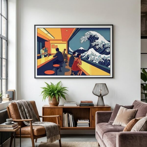 Imaginez un instant suspendu où le café matinal rencontre le fracas muet de l'océan. Derrière la vitre de ce diner urbain, une vague monumentale se dresse, défiant le temps et l'espace. Entre sérénité nippone et solitude américaine, plongez dans cette vision onirique où le quotidien flirte avec le sublime de la nature sauvage.