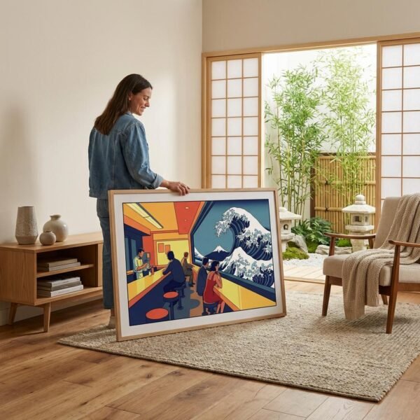 Imaginez un instant suspendu où le café matinal rencontre le fracas muet de l'océan. Derrière la vitre de ce diner urbain, une vague monumentale se dresse, défiant le temps et l'espace. Entre sérénité nippone et solitude américaine, plongez dans cette vision onirique où le quotidien flirte avec le sublime de la nature sauvage.