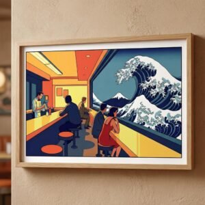 Imaginez un instant suspendu où le café matinal rencontre le fracas muet de l'océan. Derrière la vitre de ce diner urbain, une vague monumentale se dresse, défiant le temps et l'espace. Entre sérénité nippone et solitude américaine, plongez dans cette vision onirique où le quotidien flirte avec le sublime de la nature sauvage.