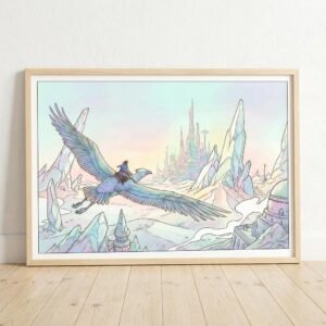 Un cavalier des nuées survole un monde de cristal où le temps n'a plus prise. Sur son oiseau géant, il traverse des architectures suspendues entre rêve et réalité. Laissez-vous emporter par cette odyssée silencieuse vers une cité de lumière, une invitation au voyage intérieur au cœur des déserts d'opale.