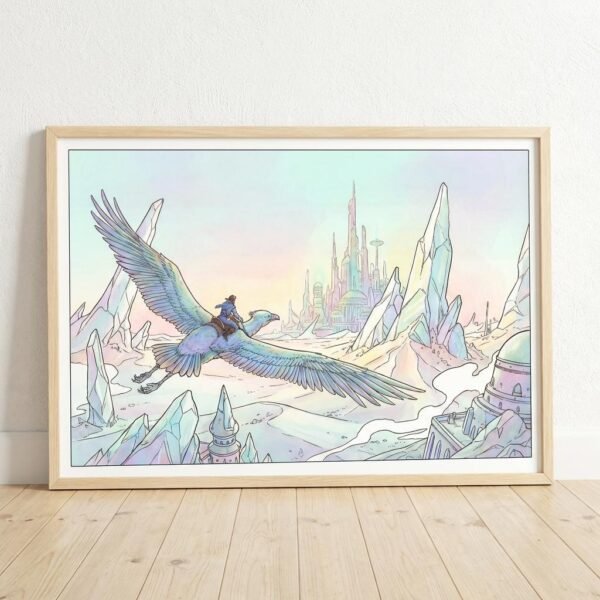 Un cavalier des nuées survole un monde de cristal où le temps n'a plus prise. Sur son oiseau géant, il traverse des architectures suspendues entre rêve et réalité. Laissez-vous emporter par cette odyssée silencieuse vers une cité de lumière, une invitation au voyage intérieur au cœur des déserts d'opale.