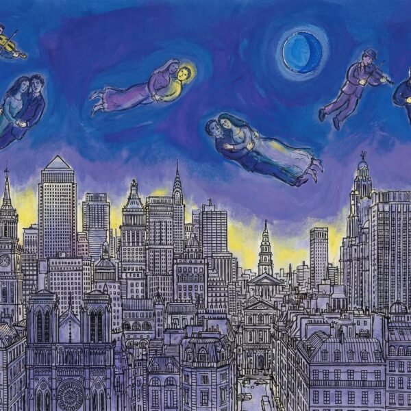 Imaginez une métropole où les lois de la physique s'effacent devant le souffle de la romance. Sous une lune d'un bleu magnétique, les gratte-ciel de New York et les flèches de Paris s'unissent dans une symphonie architecturale. Là, au sommet du monde, des amants flottent au son de violons célestes, transformant le béton en un poème éternel.