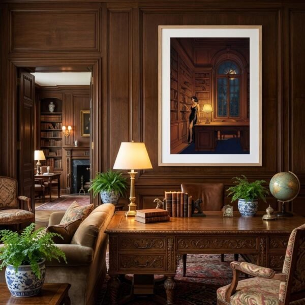 Sous la voûte d'une bibliothèque séculaire, le temps semble suspendu entre le parfum du vieux papier et l'éclat d'une lune souveraine. Une femme s'égare parmi les reliures, cherchant dans le silence des rayons une vérité enfouie, alors que dehors, la nature exhale ses mystères nocturnes.