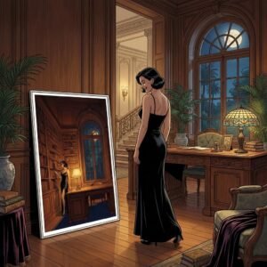 Sous la voûte d'une bibliothèque séculaire, le temps semble suspendu entre le parfum du vieux papier et l'éclat d'une lune souveraine. Une femme s'égare parmi les reliures, cherchant dans le silence des rayons une vérité enfouie, alors que dehors, la nature exhale ses mystères nocturnes.