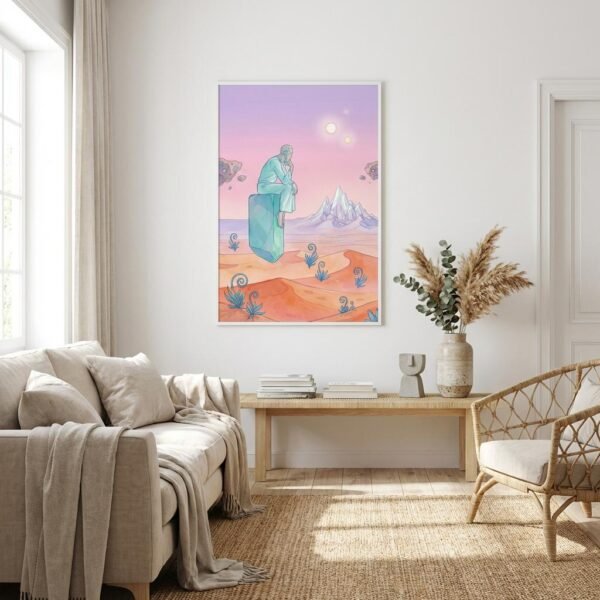 Un voyageur solitaire, assis sur un monolithe flottant, se perd dans une contemplation silencieuse face à l'immensité d'un désert de corail et de montagnes de cristal. Ses pensées s'élèvent, comme libérées de la gravité, vers un ciel peuplé de deux lunes et de roches flottantes. Une invitation à la méditation cosmique.