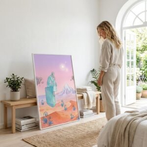 Un voyageur solitaire, assis sur un monolithe flottant, se perd dans une contemplation silencieuse face à l'immensité d'un désert de corail et de montagnes de cristal. Ses pensées s'élèvent, comme libérées de la gravité, vers un ciel peuplé de deux lunes et de roches flottantes. Une invitation à la méditation cosmique.