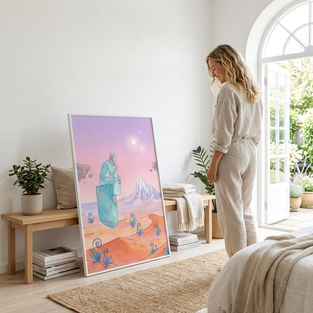 Un voyageur solitaire, assis sur un monolithe flottant, se perd dans une contemplation silencieuse face à l