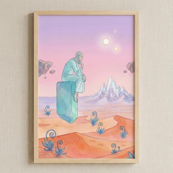 Un voyageur solitaire, assis sur un monolithe flottant, se perd dans une contemplation silencieuse face à l'immensité d'un désert de corail et de montagnes de cristal. Ses pensées s'élèvent, comme libérées de la gravité, vers un ciel peuplé de deux lunes et de roches flottantes. Une invitation à la méditation cosmique.