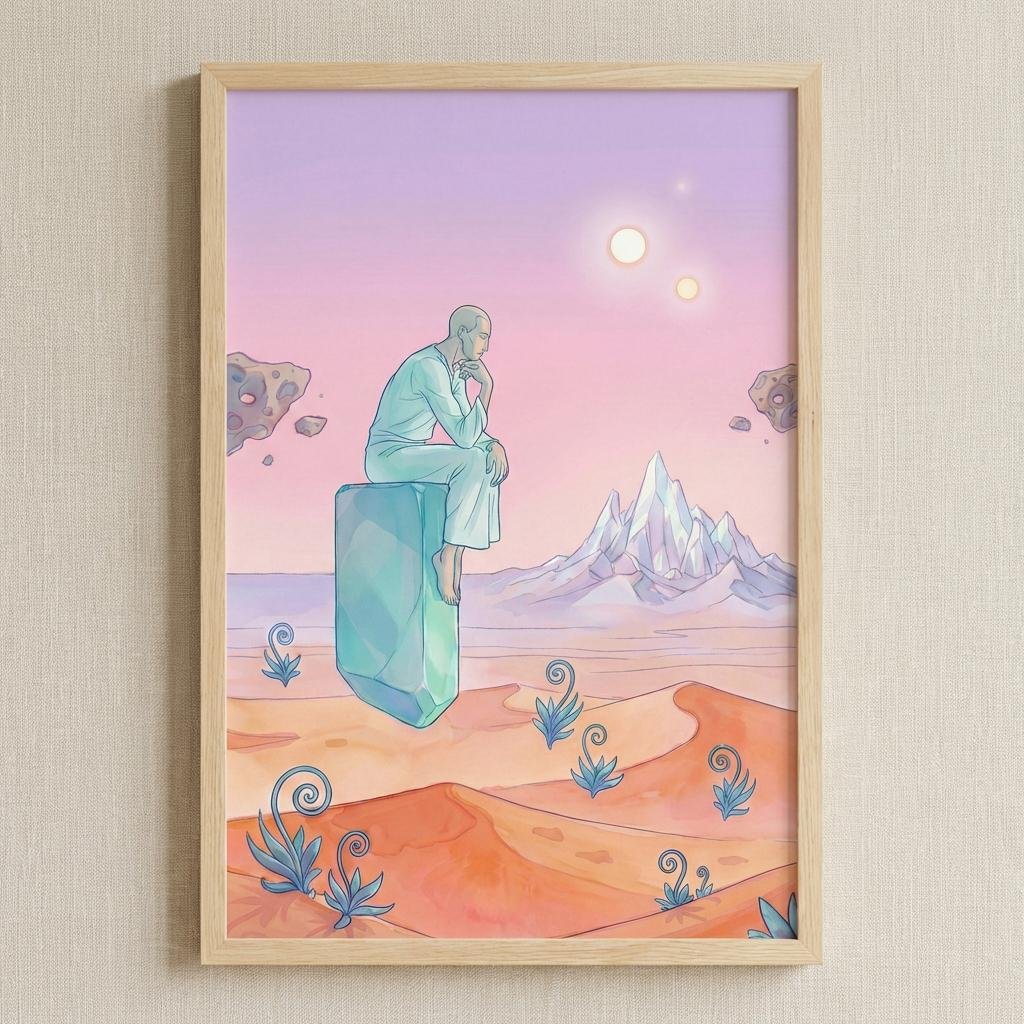 Un voyageur solitaire, assis sur un monolithe flottant, se perd dans une contemplation silencieuse face à l