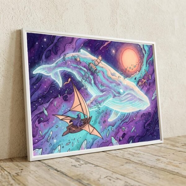 À bord d'un navire de bois aux ailes de toile, un explorateur solitaire fait la rencontre d'une baleine lumineuse.