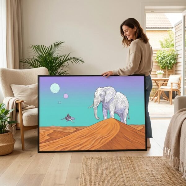 Une silhouette de nacre s'élève au-dessus des sables mouvants, vestige d'un temps où les montagnes marchaient. Sous le regard de trois astres pâles, un pilote s'approche de cette divinité géométrique, cherchant le secret de l'immobilité absolue dans l'immensité d'un désert de cuivre.