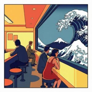Imaginez un instant suspendu où le café matinal rencontre le fracas muet de l'océan. Derrière la vitre de ce diner urbain, une vague monumentale se dresse, défiant le temps et l'espace. Entre sérénité nippone et solitude américaine, plongez dans cette vision onirique où le quotidien flirte avec le sublime de la nature sauvage.
