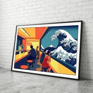 Imaginez un instant suspendu où le café matinal rencontre le fracas muet de l'océan. Derrière la vitre de ce diner urbain, une vague monumentale se dresse, défiant le temps et l'espace. Entre sérénité nippone et solitude américaine, plongez dans cette vision onirique où le quotidien flirte avec le sublime de la nature sauvage.