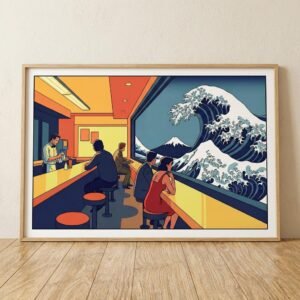 Imaginez un instant suspendu où le café matinal rencontre le fracas muet de l'océan. Derrière la vitre de ce diner urbain, une vague monumentale se dresse, défiant le temps et l'espace. Entre sérénité nippone et solitude américaine, plongez dans cette vision onirique où le quotidien flirte avec le sublime de la nature sauvage.