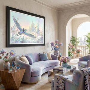 Un cavalier des nuées survole un monde de cristal où le temps n'a plus prise. Sur son oiseau géant, il traverse des architectures suspendues entre rêve et réalité. Laissez-vous emporter par cette odyssée silencieuse vers une cité de lumière, une invitation au voyage intérieur au cœur des déserts d'opale.