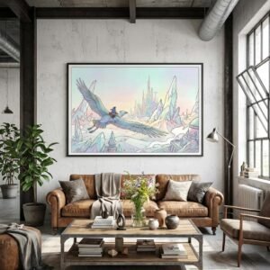 Un cavalier des nuées survole un monde de cristal où le temps n'a plus prise. Sur son oiseau géant, il traverse des architectures suspendues entre rêve et réalité. Laissez-vous emporter par cette odyssée silencieuse vers une cité de lumière, une invitation au voyage intérieur au cœur des déserts d'opale.