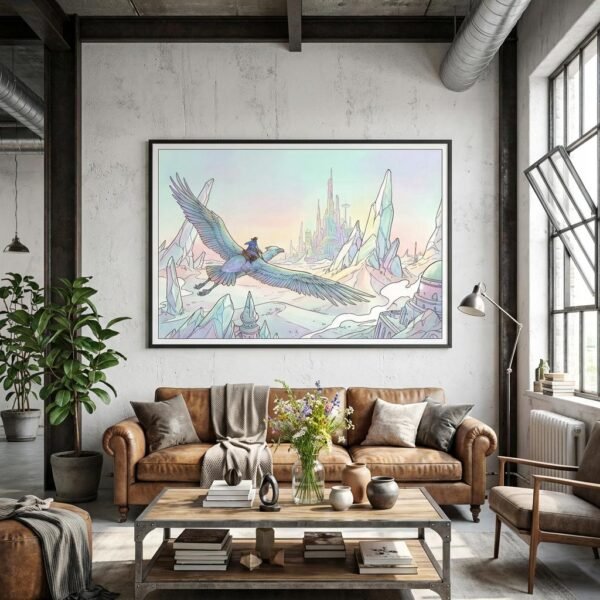 Un cavalier des nuées survole un monde de cristal où le temps n'a plus prise. Sur son oiseau géant, il traverse des architectures suspendues entre rêve et réalité. Laissez-vous emporter par cette odyssée silencieuse vers une cité de lumière, une invitation au voyage intérieur au cœur des déserts d'opale.