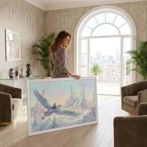 Un cavalier des nuées survole un monde de cristal où le temps n'a plus prise. Sur son oiseau géant, il traverse des architectures suspendues entre rêve et réalité. Laissez-vous emporter par cette odyssée silencieuse vers une cité de lumière, une invitation au voyage intérieur au cœur des déserts d'opale.