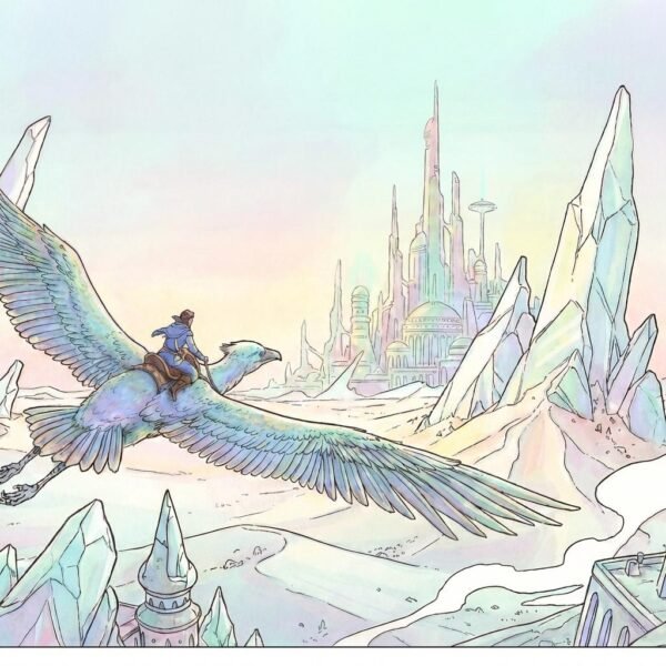 Un cavalier des nuées survole un monde de cristal où le temps n'a plus prise. Sur son oiseau géant, il traverse des architectures suspendues entre rêve et réalité. Laissez-vous emporter par cette odyssée silencieuse vers une cité de lumière, une invitation au voyage intérieur au cœur des déserts d'opale.