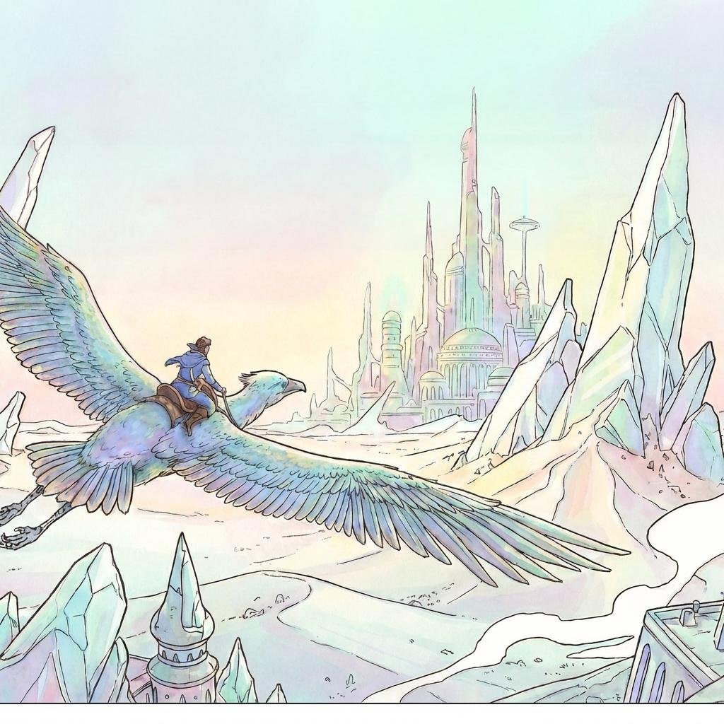 Un cavalier des nuées survole un monde de cristal où le temps n