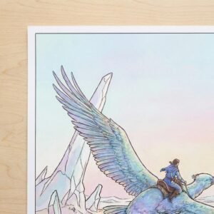 Un cavalier des nuées survole un monde de cristal où le temps n'a plus prise. Sur son oiseau géant, il traverse des architectures suspendues entre rêve et réalité. Laissez-vous emporter par cette odyssée silencieuse vers une cité de lumière, une invitation au voyage intérieur au cœur des déserts d'opale.