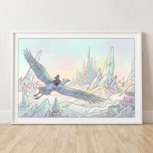 Un cavalier des nuées survole un monde de cristal où le temps n'a plus prise. Sur son oiseau géant, il traverse des architectures suspendues entre rêve et réalité. Laissez-vous emporter par cette odyssée silencieuse vers une cité de lumière, une invitation au voyage intérieur au cœur des déserts d'opale.