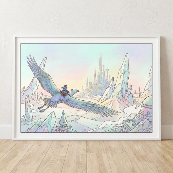 Un cavalier des nuées survole un monde de cristal où le temps n'a plus prise. Sur son oiseau géant, il traverse des architectures suspendues entre rêve et réalité. Laissez-vous emporter par cette odyssée silencieuse vers une cité de lumière, une invitation au voyage intérieur au cœur des déserts d'opale.