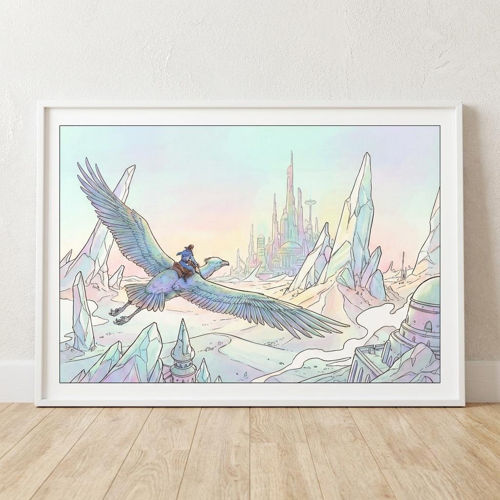 Un cavalier des nuées survole un monde de cristal où le temps n