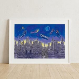 Imaginez une métropole où les lois de la physique s'effacent devant le souffle de la romance. Sous une lune d'un bleu magnétique, les gratte-ciel de New York et les flèches de Paris s'unissent dans une symphonie architecturale. Là, au sommet du monde, des amants flottent au son de violons célestes, transformant le béton en un poème éternel.