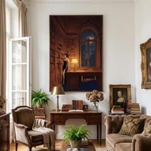 Sous la voûte d'une bibliothèque séculaire, le temps semble suspendu entre le parfum du vieux papier et l'éclat d'une lune souveraine. Une femme s'égare parmi les reliures, cherchant dans le silence des rayons une vérité enfouie, alors que dehors, la nature exhale ses mystères nocturnes.