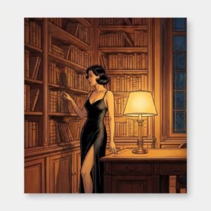 Sous la voûte d'une bibliothèque séculaire, le temps semble suspendu entre le parfum du vieux papier et l'éclat d'une lune souveraine. Une femme s'égare parmi les reliures, cherchant dans le silence des rayons une vérité enfouie, alors que dehors, la nature exhale ses mystères nocturnes.