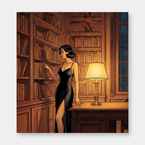 Sous la voûte d'une bibliothèque séculaire, le temps semble suspendu entre le parfum du vieux papier et l'éclat d'une lune souveraine. Une femme s'égare parmi les reliures, cherchant dans le silence des rayons une vérité enfouie, alors que dehors, la nature exhale ses mystères nocturnes.